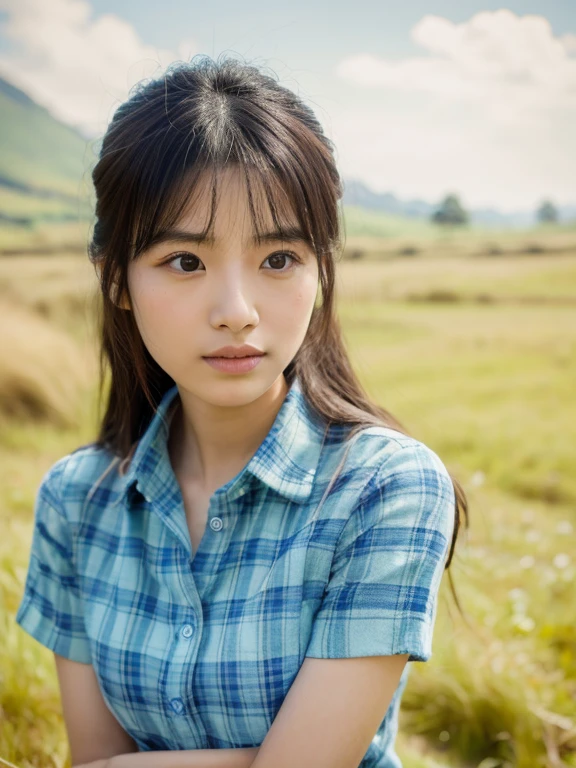Young Asian woman, 25 years old, beautiful, long hair flowing up. A clear and detailed face, 8k,Wear a red and green and blue plaid shirt., In the open countryside there is a thatched hut with red flowers. Different action poses, Take photos 16k,with a high quality Fujicamera.,45,000,000 pixels