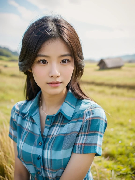 Young Asian woman, 25 years old, beautiful, long hair flowing up. A clear and detailed face, 8k,Wear a red and green and blue plaid shirt., In the open countryside there is a thatched hut with red flowers. Different action poses, Take photos 16k,with a high quality Fujicamera.,45,000,000 pixels