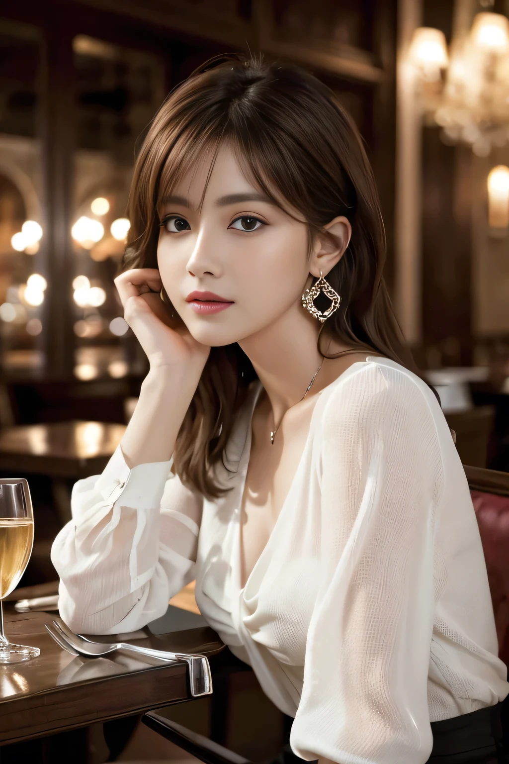 masterpiece, highest quality, Realistic, Very detailed, Finer details, High resolution, 8k wallpaper, One beautiful woman, Wear an elegant see-through blouse, In a great restaurant, At night, Light brown shaggy haircut, Perfect dynamic composition, Beautiful and beautiful eyes、Big earrings、Sitting in a chair
