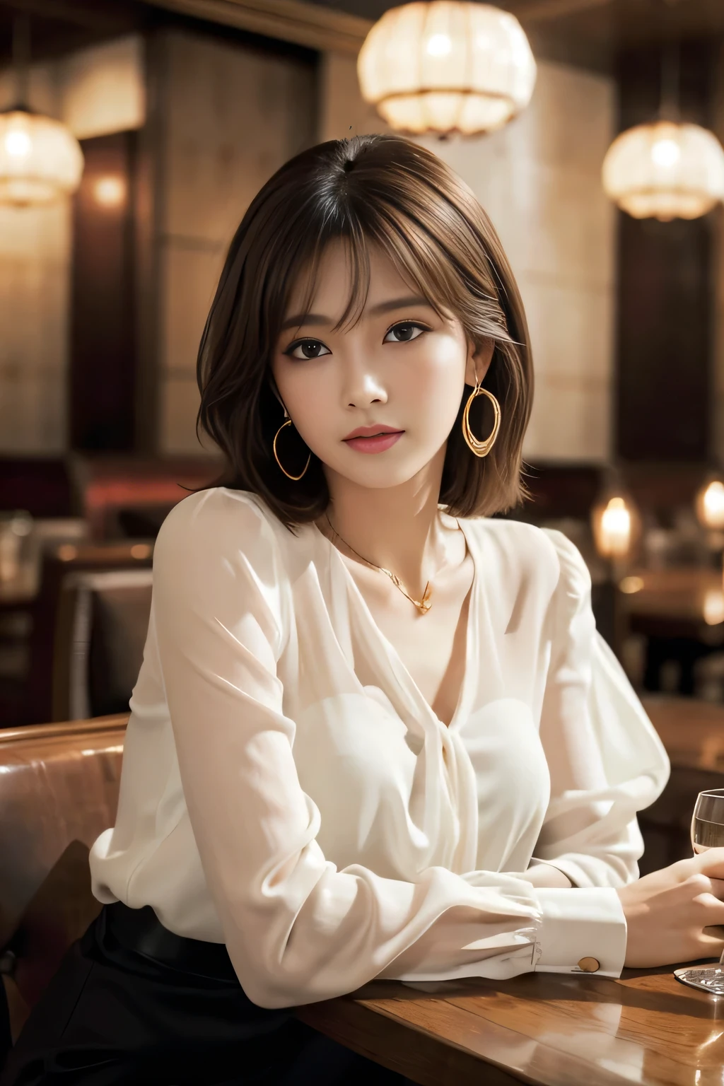 masterpiece, highest quality, Realistic, Very detailed, Finer details, High resolution, 8k wallpaper, One beautiful woman, Wear an elegant see-through blouse, In a great restaurant, At night, Light brown shaggy haircut, Perfect dynamic composition, Beautiful and beautiful eyes、Big earrings、Sitting in a chair