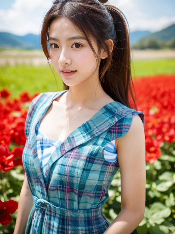 Young Asian woman, 25 years old, beautiful, long hair flowing up. A clear and detailed face, 8k,Wear a red and green and blue plaid shirt., In the open countryside there is a thatched hut with red flowers. Different action poses, Take photos 16k,with a high quality Fujicamera.,45,000,000 pixels
