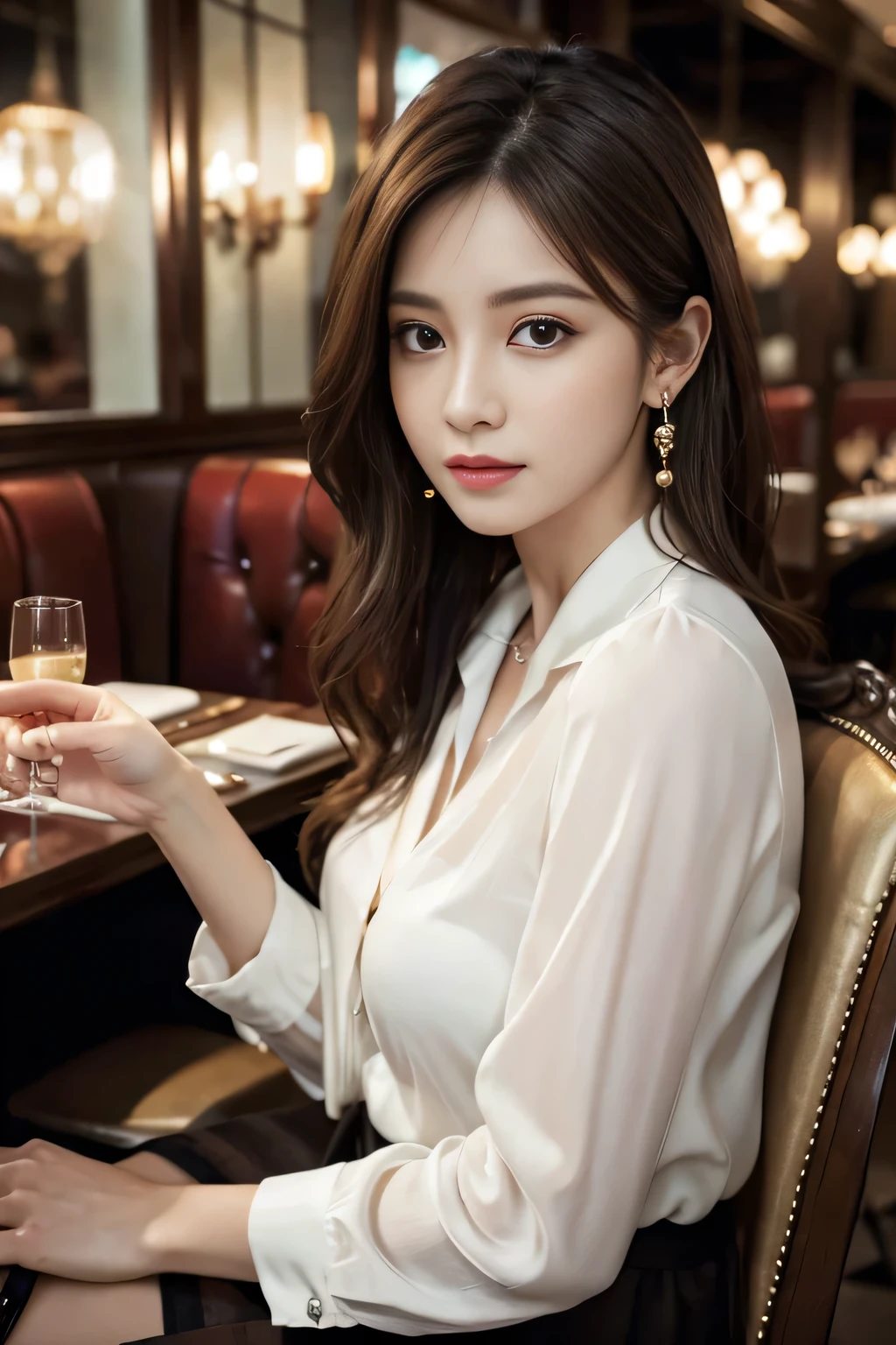 masterpiece, highest quality, Realistic, Very detailed, Finer details, High resolution, 8k wallpaper, One beautiful woman, Wear an elegant see-through blouse, In a great restaurant, At night, Light brown messy hair, Perfect dynamic composition, Beautiful and beautiful eyes、Big earrings、Sitting in a chair