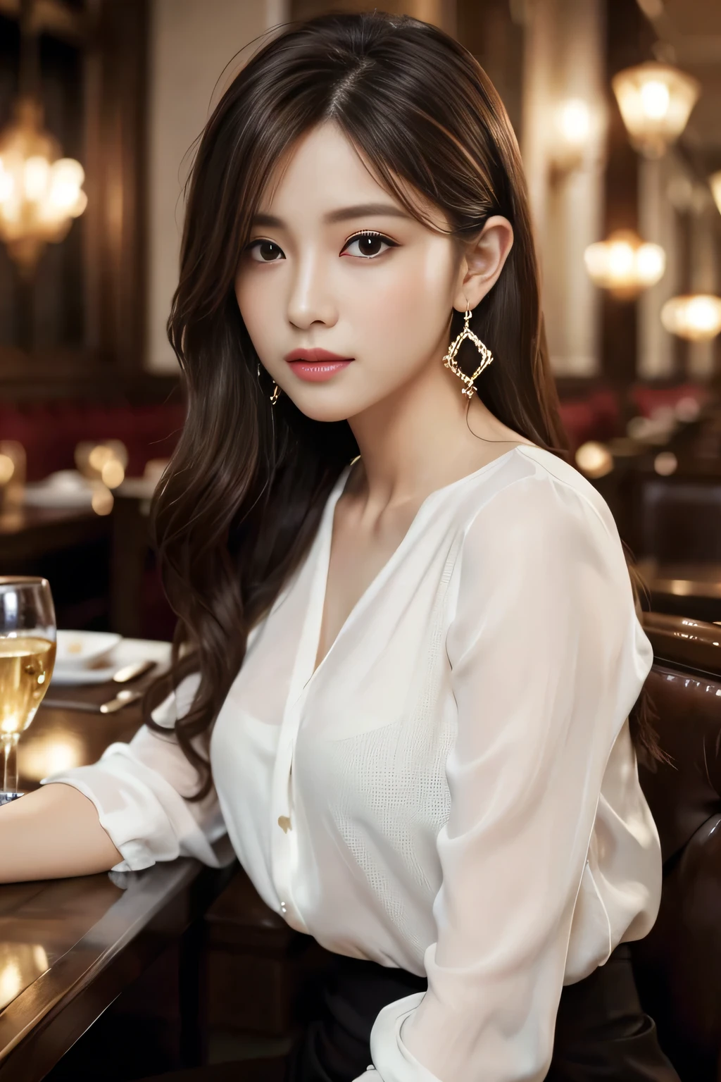 masterpiece, highest quality, Realistic, Very detailed, Finer details, High resolution, 8k wallpaper, One beautiful woman, Wear an elegant see-through blouse, In a great restaurant, At night, Light brown messy hair, Perfect dynamic composition, Beautiful and beautiful eyes、Big earrings、Sitting in a chair