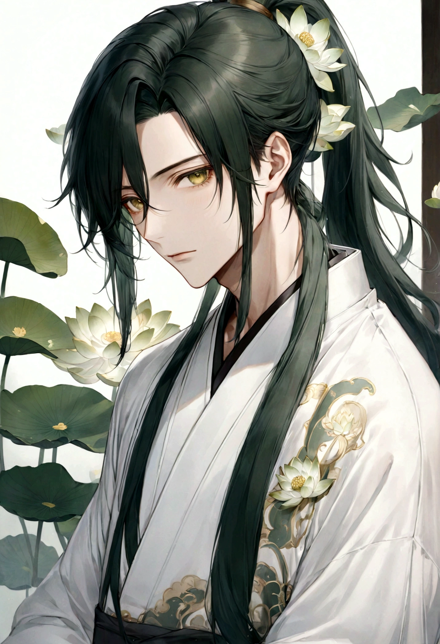 ((top-quality)), ((​masterpiece)), ((ultra-detailliert)), (extremely delicate and beautiful), handsome man, dark green hair, long straight hair, high ponytail hairstyle, golden eyes, serene expression, wearing wuxia styled robes, sleeves are sheer and silky, white sleeves, white robes with green patterns, lotus flowers on robe, dark pants, white lotus flowers in the background