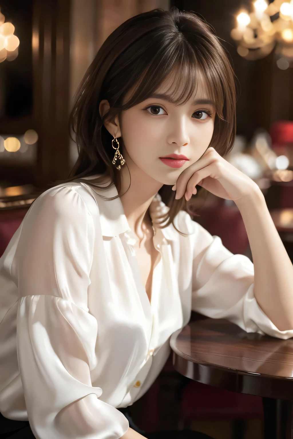 masterpiece, highest quality, Realistic, Very detailed, Finer details, High resolution, 8k wallpaper, One beautiful woman, Wear an elegant silk blouse, In a great restaurant, At night, Light brown shaggy haircut, Perfect dynamic composition, Beautiful and beautiful eyes、Big earrings、Sitting in a chair