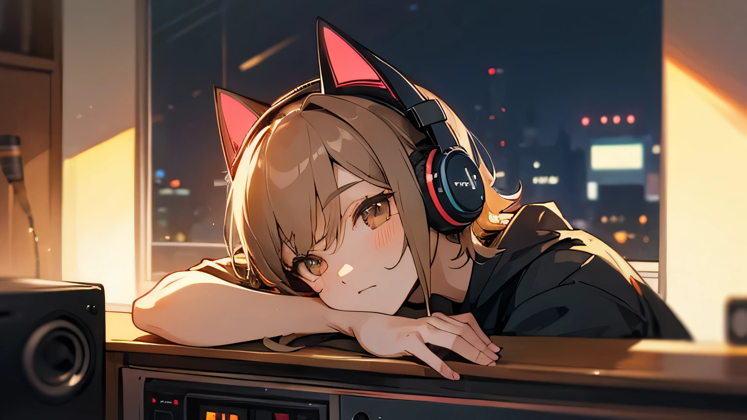 Room with speakers、Cat with headphones、Upper body close-up、night