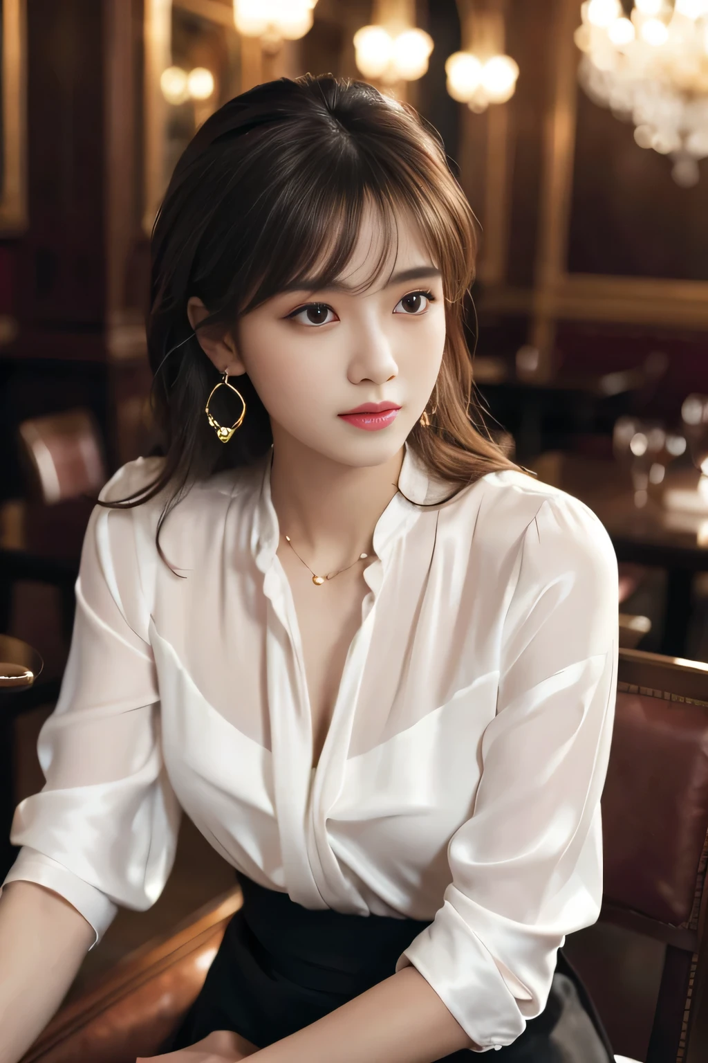 masterpiece, highest quality, Realistic, Very detailed, Finer details, High resolution, 8k wallpaper, One beautiful woman, Wear an elegant silk blouse, In a great restaurant, At night, Light brown shaggy haircut, Perfect dynamic composition, Beautiful and beautiful eyes、Big earrings、Sitting in a chair