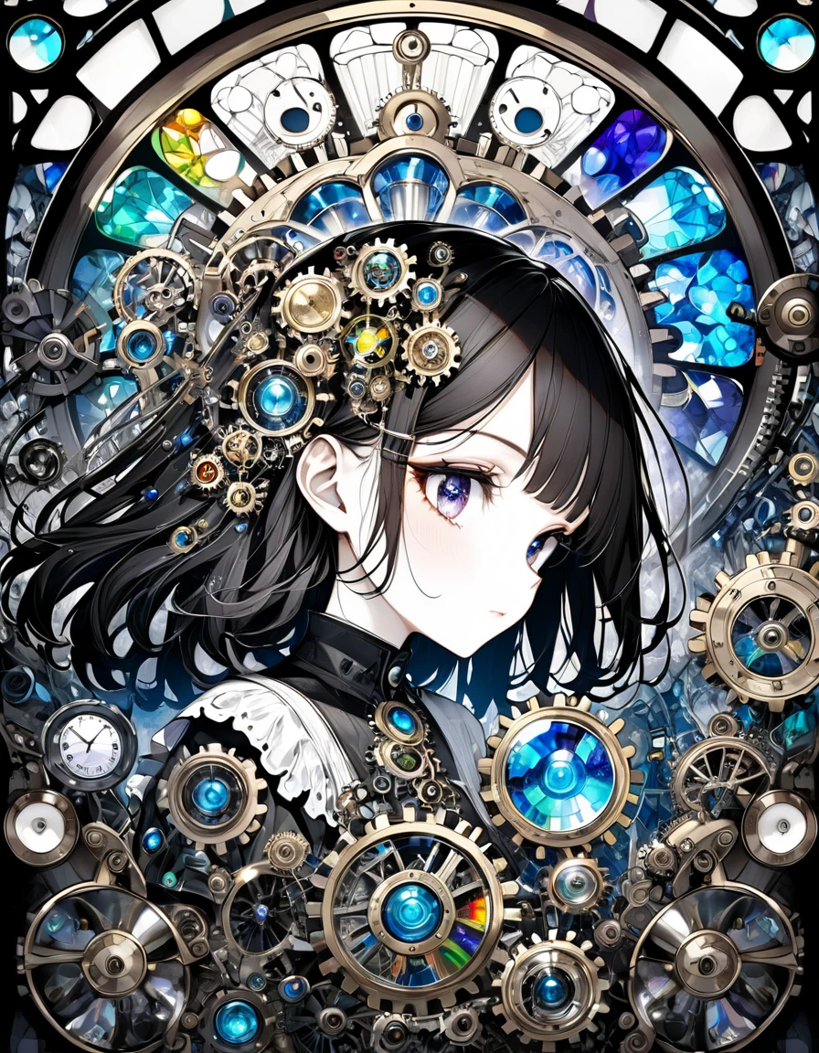 best quality, super fine, 16k, incredibly absurdres, extremely detailed, delicate and dynamic, stained glass kaleidoscope made of jewels of various colors, with mechanical mechanisms, clockwork mechanisms, and gear mechanisms, monochrome girl peering into it, iridescent world artwork 