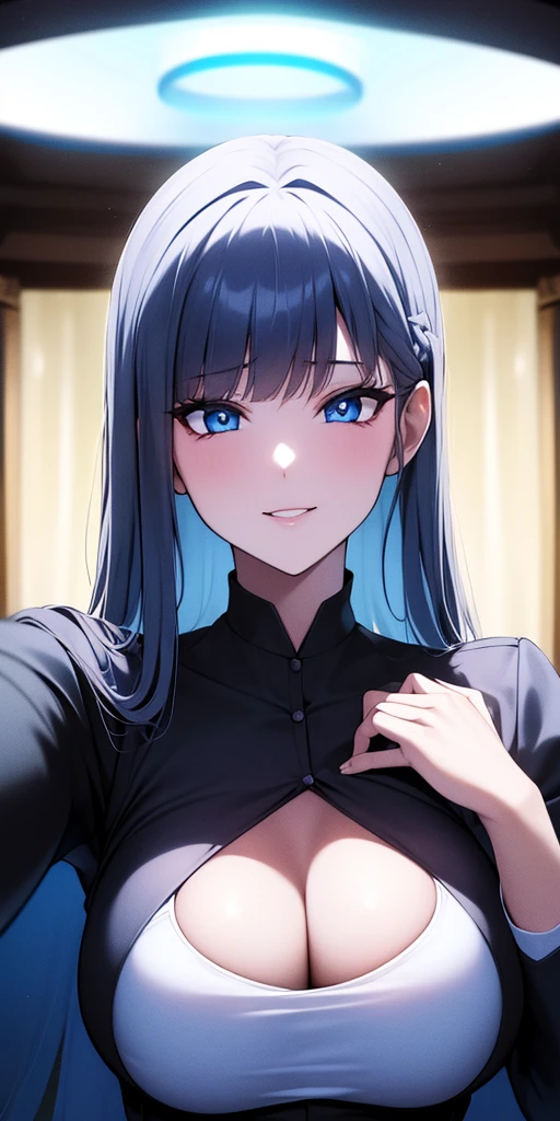 ((obra maestra)), ((mejor calidad)), (ultra detallado), ((extremadamente detallado)), 4k, (8K), mejor calidad, (Hermoso), estilo animado, mirar hacia arriba desde abajo, bar, Noche, una chica guapa, 1 chica, solo, traje, Hermoso rainbow hair, Hermoso blue eyes, ((Hermoso eyes)), De piel blanca, pendientes, cuello, sonrisa