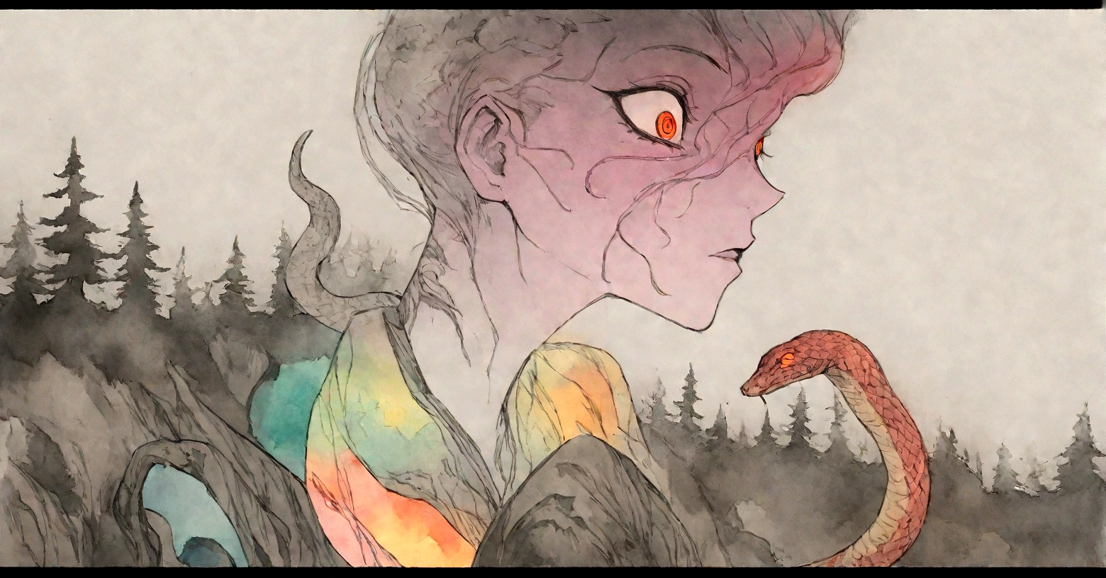 watercolor, charcoal, surreal, animated hand drawn cartoon rotoscope, (full roygbiv color) ink expressive illustration, no light source, darkness, light mask uv rays across face, absurd, with rich color grading, cel shading, warm and unified colors, animated, VHS, glitch, distorted, nostalgia, 90's retro vibe, hyper maximal, strange, hyperrealistic, rotoscope expressive ink bold line hand drawn, in a cinematic style, analog tape, vcr aesthetics, tv, television, hand drawn, minimal, precise, Medusa, splash page decompressed comic cover art, ink style figure, ((expressive Joelle Jones and "Sean Gordon Murphy" comic drawing)), wordless, cinematic poster, , forest green, earth brown), morphology anatomy drawn Frederic Delavier musculature anatomical illustration, (face, ornate black metal ?????? paint, resembles Grace Jones), abyss void black no visibility darkness, full length portrait, colors, bleak muted deep fiery radiant glowing ROYGBIV, (background, pine barrens, entropy, rewilding, magic hour sunset, galaxy stars, cosmos), candid, snake skin dress, (body, Naga, snakefolk, lower body snake tail, snake woman hybrid, bald, hairless, skeleton, snake skin tattoos, piercing eyes, snake pupils, over the shoulder), craftsmanship nuance, (Gerardo Zaffino charcoal), (horror, abstract, surreal, body, cosmic), subliminal orchids, nyctophobia, silhouette, double exposure, image within image,