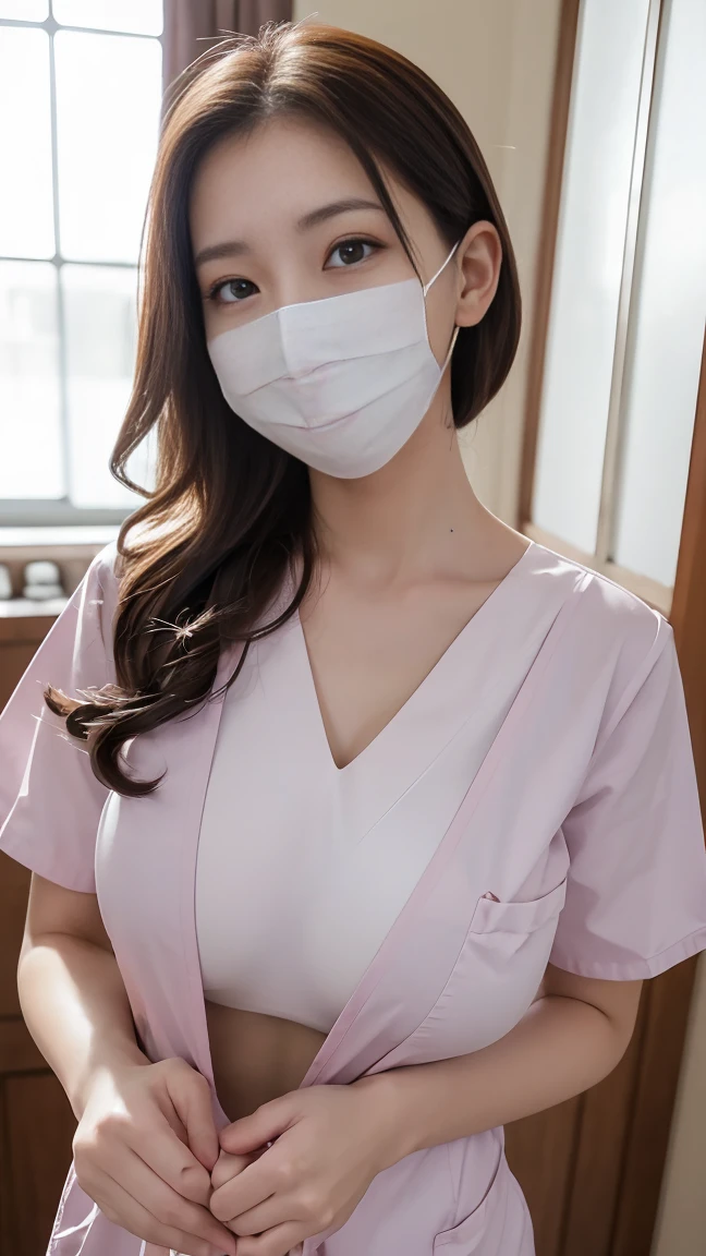 Browsing Caution,highest quality,masterpiece,8k,28 years old,Saggy breasts,Droopy eyes,mask,pov,1 boy, penis, breasts blowjob, paizuri, penis is between breasts, penis in breasts, breast squeeze,Charming smile,(Nurse uniform),