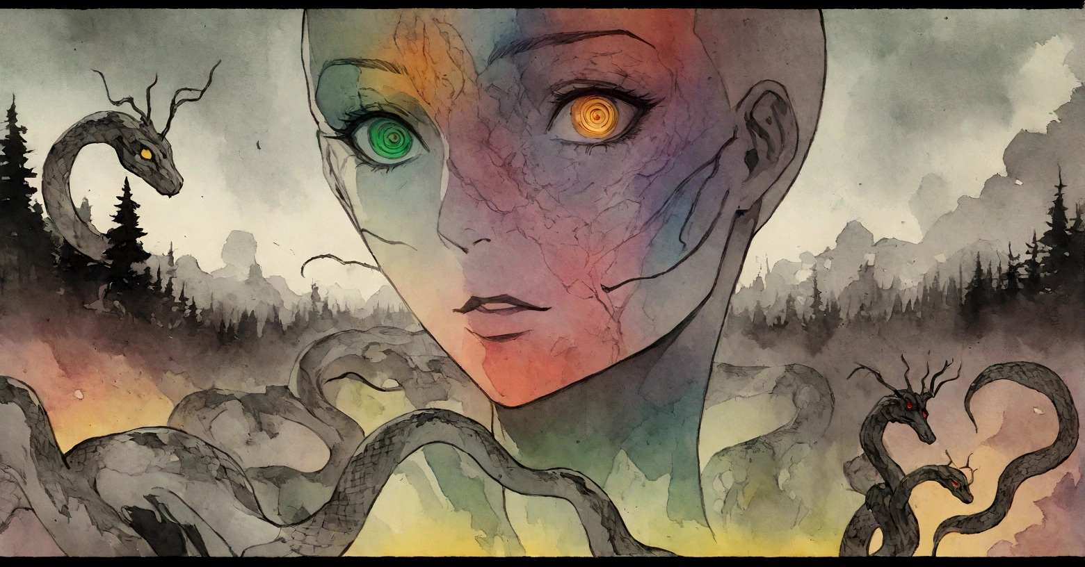 watercolor, charcoal, surreal, animated hand drawn cartoon rotoscope, (full roygbiv color) ink expressive illustration, no light source, darkness, light mask uv rays across face, absurd, with rich color grading, cel shading, warm and unified colors, animated, VHS, glitch, distorted, nostalgia, 90's retro vibe, hyper maximal, strange, hyperrealistic, rotoscope expressive ink bold line hand drawn, in a cinematic style, analog tape, vcr aesthetics, tv, television, hand drawn, minimal, precise, Medusa, splash page decompressed comic cover art, ink style figure, ((expressive Joelle Jones and "Sean Gordon Murphy" comic drawing)), wordless, cinematic poster, , forest green, earth brown), morphology anatomy drawn Frederic Delavier musculature anatomical illustration, (face, ornate black metal corpse paint, resembles Grace Jones), abyss void black no visibility darkness, full length portrait, colors, bleak muted deep fiery radiant glowing ROYGBIV, (background, pine barrens, entropy, rewilding, magic hour sunset, galaxy stars, cosmos), candid, snake skin dress, (body, Naga, snakefolk, lower body snake tail, snake woman hybrid, bald, hairless, skeleton, snake skin tattoos, piercing eyes, snake pupils, over the shoulder), craftsmanship nuance, (Gerardo Zaffino charcoal), (horror, abstract, surreal, body, cosmic), subliminal orchids, nyctophobia, silhouette, double exposure, image within image,