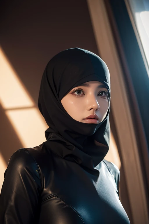 (HIJAB), Skinny yellow satin hijab girl naked (DARK SHINY SKIN),