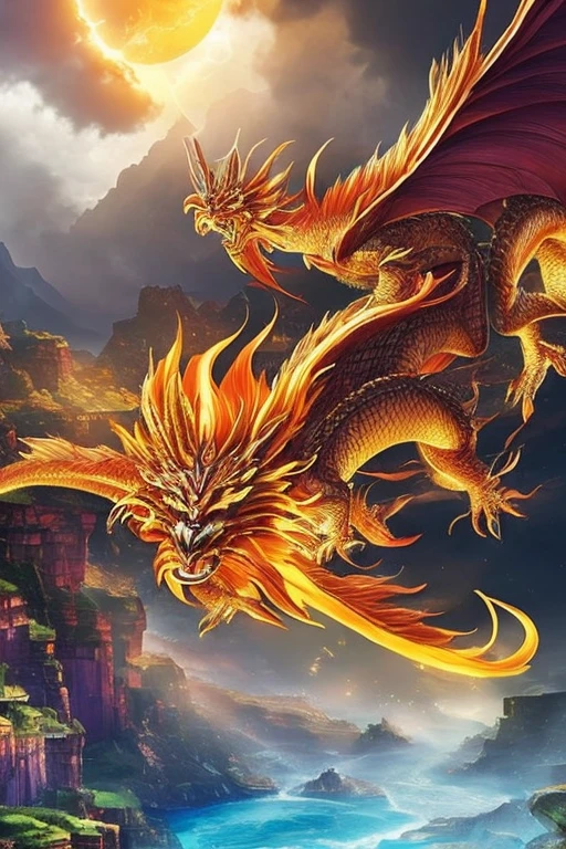 So sublime and divine々A beautiful golden dragon floats in the center of the screen, glaring at the camera.。金色のThe dragon is幸せをもたらす神なのでとても有難い存在である。The surrounding area is a canyon where no one can get close, and lightning is flashing in the background.、The sun is shining brightly。The dragon is、I want a realistic image。