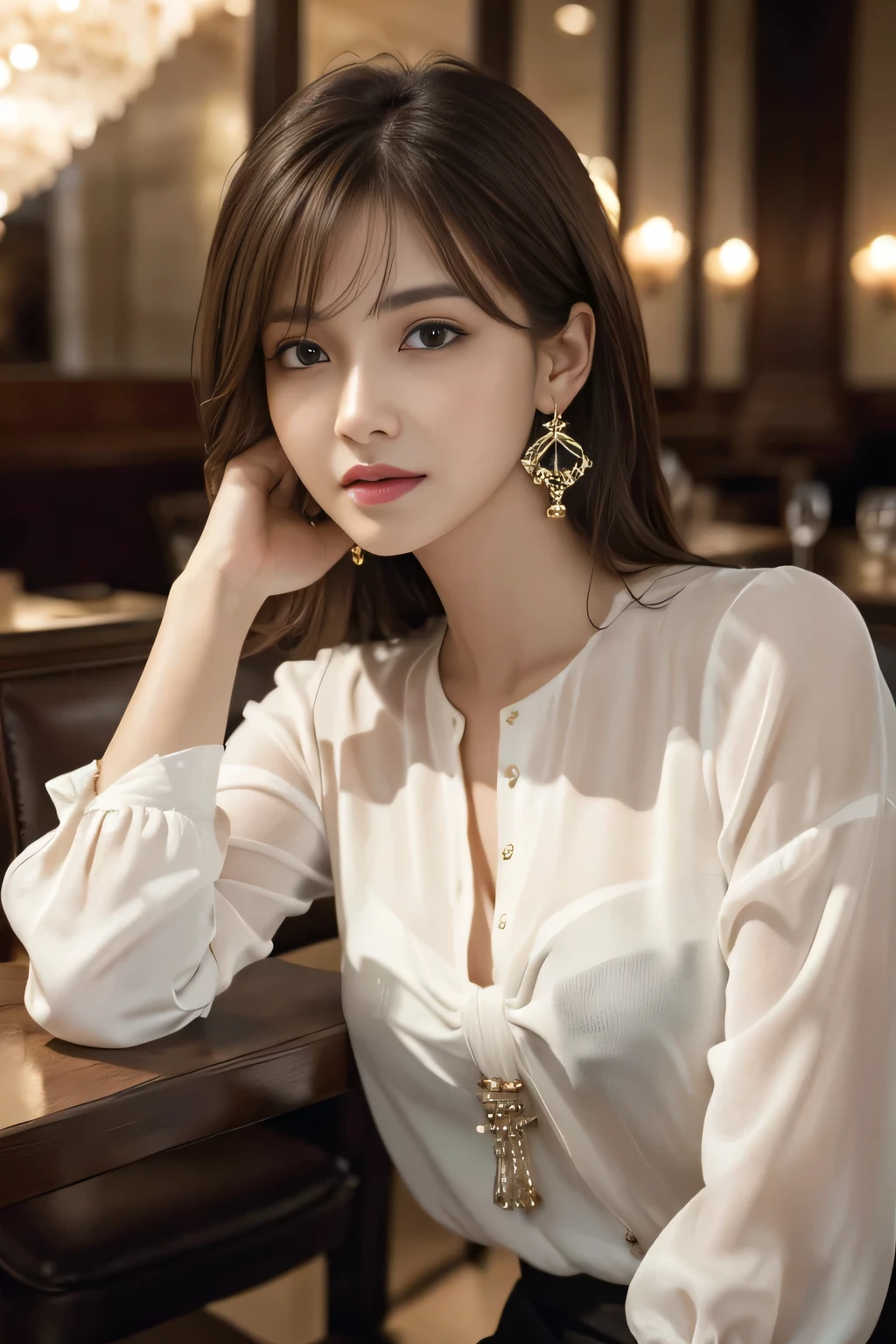 masterpiece, highest quality, Realistic, Very detailed, Finer details, High resolution, 8k wallpaper, One beautiful woman, Wear an elegant see-through blouse, In a great restaurant, At night, Light brown shaggy haircut, Perfect dynamic composition, Beautiful and beautiful eyes、Big earrings、Sitting in a chair