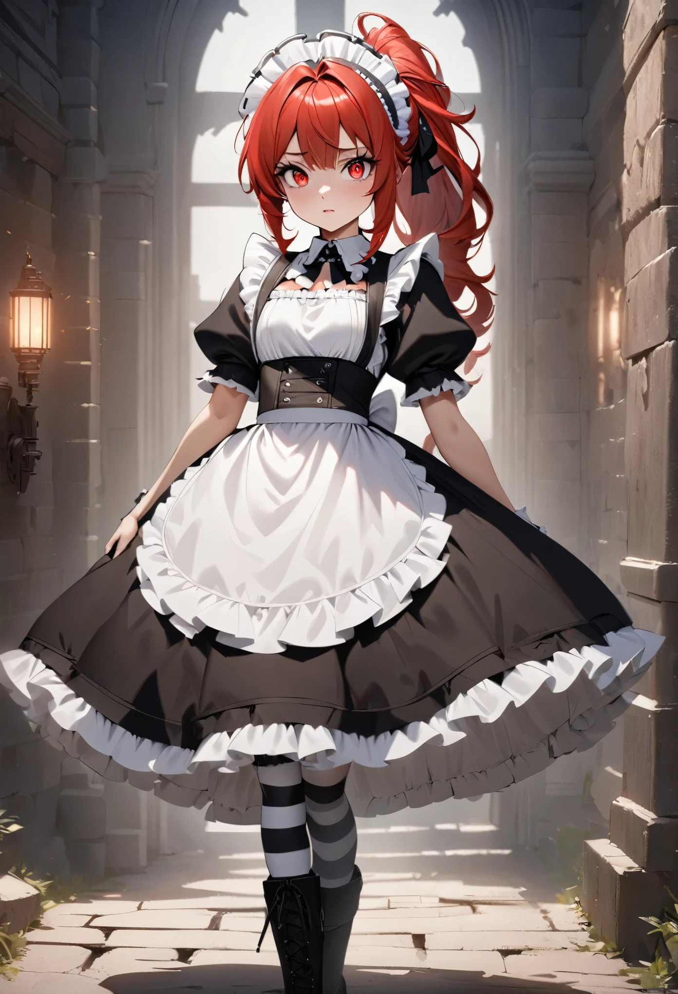 (best quality,4k,8k,highres,masterpiece:1.2),ultra-detailed, (1girl) A cute age gunslinger maid with red eyes, drawn in anime style, spiky ginger hair in a long ponytail, protective and caring, victorian fashion, wearing a cute black maid dress with puffy sleeves, corset, tactical gear, light armour, petticoat, bloomers, a frilly headband, a frilly white apron, high-heel boots, monochrome striped stockings, ribbons, wielding a steampunk gun, steampunk style, guarding a castle hallway, extremely detailed eyes and face,longeyelashes,volumetric lighting,cinematic lighting,protective posture,dramatic close up,highly detailed texture,intricate details.