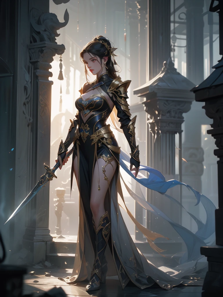 A dark and cursed female game character, wearing ornate black and gold armor, wielding a cursed blade, with dark vambraces and cursed boots, in a gloomy, atmospheric lighting, full body shot, (best quality,4k,8k,highres,masterpiece:1.2),ultra-detailed,(realistic,photorealistic,photo-realistic:1.37),HDR,UHD,studio lighting,ultra-fine painting,sharp focus,physically-based rendering,extreme detail description,professional,vivid colors,bokeh,dark fantasy,concept art