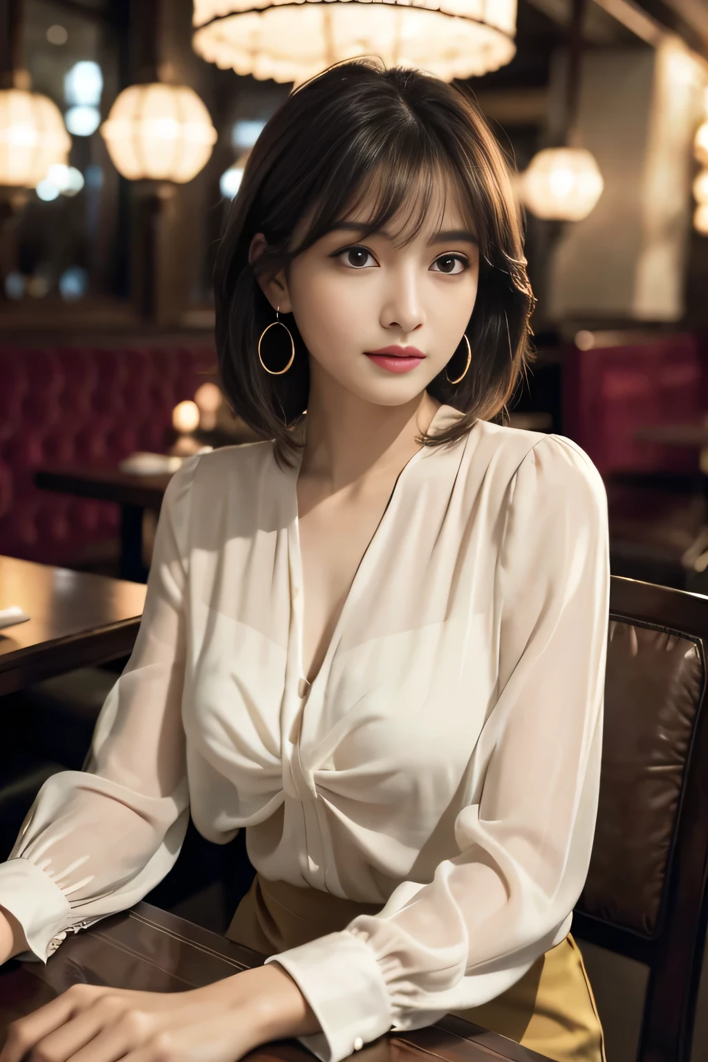 masterpiece, highest quality, Realistic, Very detailed, Finer details, High resolution, 8k wallpaper, One beautiful woman, Wear an elegant see-through blouse, In a great restaurant, At night, Light brown shaggy haircut, Perfect dynamic composition, Beautiful and beautiful eyes、Big earrings、Sitting in a chair