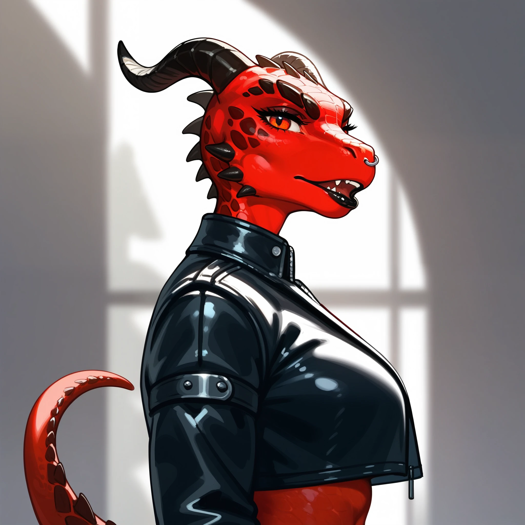 , score_9,score_8_up,score_7_up, anthro Argonian female from skyrim, Anthro reptile girl, snout, all red skin, some black scales, red eyes, black lips, black horns, black ram horns, red tail, black lips, nose piercing, wearing black leather jacket, black crop top, upper body shot, portrait, side view, looking at viewer, mouth open, pouting, furrowed eyebrows, no background