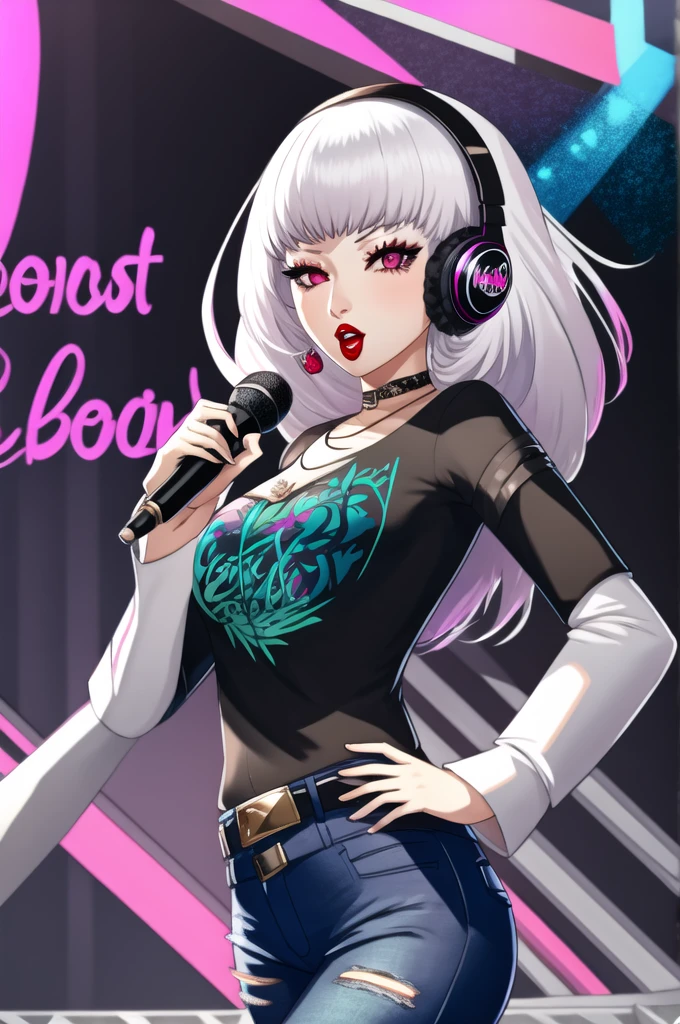 (masterpiece:1.2), best quality, high resolution, 1girl, solo, lysithea, white hair, pink eyes,earrings ,lipstick, eye shadow, makeup, 1girl, solo, black t-shirt, white shirt, blue jeans, belt, lipstick, large breasts, layered sleeves, sexy pose, holding a microphone, singing, stage background, headphones