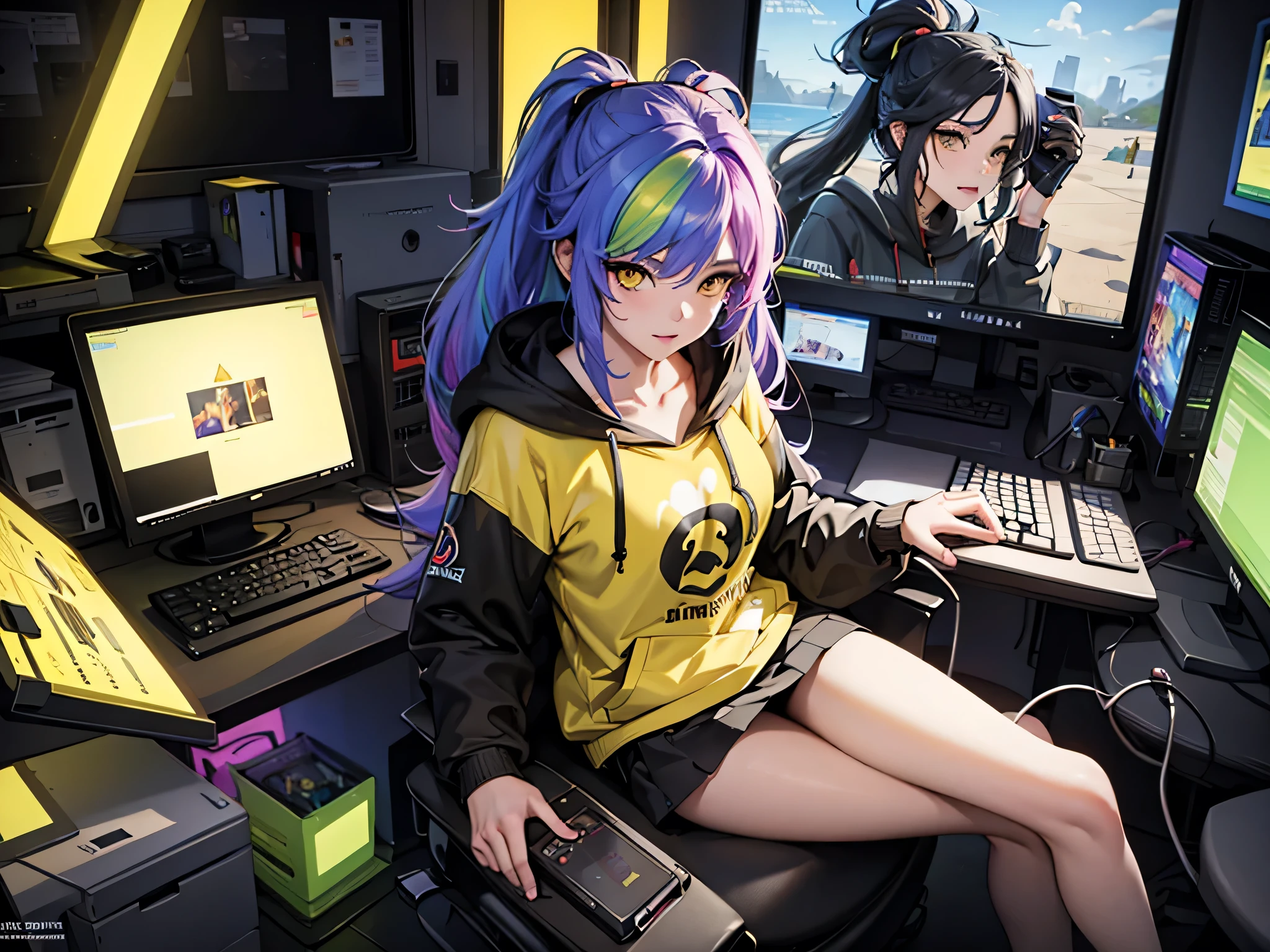 The most beautiful and sexy gamer girl, playing videogame, playing computer, rainbow colored hair, yellow eyes, wearing hoodie, graphic t-shirt, skirt and highly detailed gamer gear, highly detailed background, perfect masterpiece, high quality, high resolution