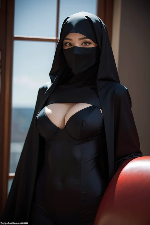 Women sexy, big bra, wearing full lether jupsuit, wearing long niqab