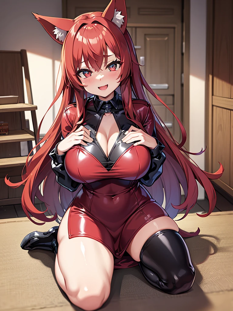Happy woman, with wolf ears and red hair, holding her cheeks, wolf tail, wearing a latex dress, looking at veiwer, full body, you can see her chest, naked breasts