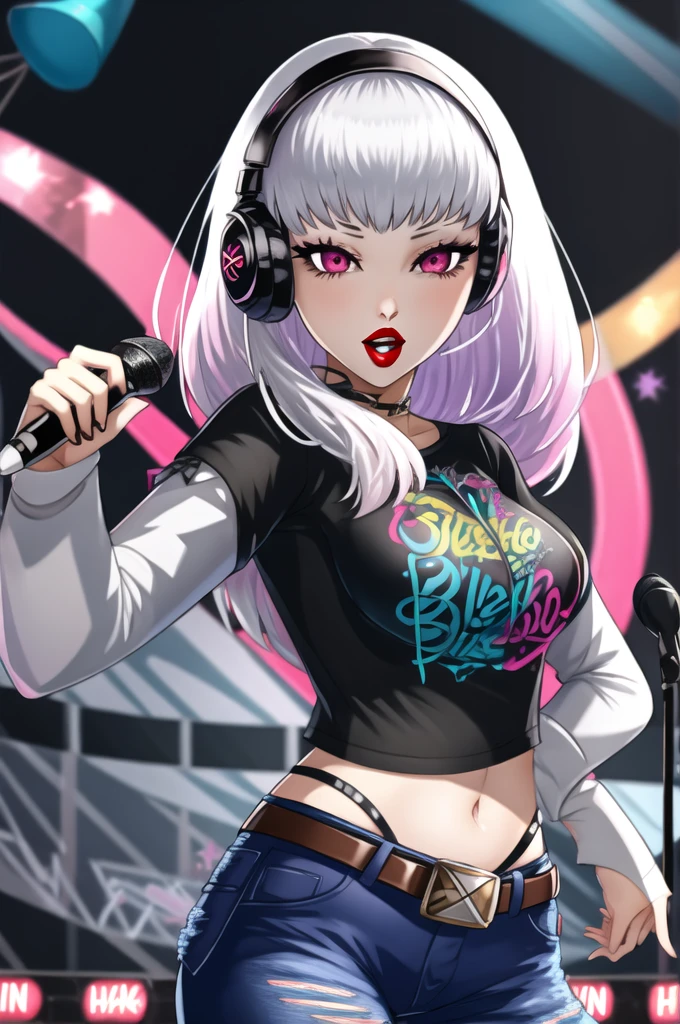 (masterpiece:1.2), best quality, high resolution, 1girl, solo, lysithea, white hair, pink eyes,earrings ,lipstick, eye shadow, makeup, 1girl, solo, black t-shirt, white shirt, blue jeans, belt, lipstick, large breasts, layered sleeves, sexy pose, holding a microphone, singing, stage background, headphones