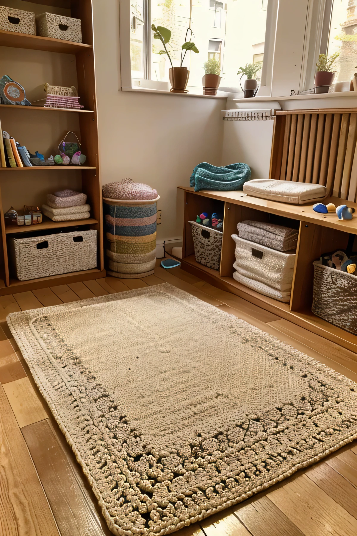 yoga mat on the floor at home studio by a bookcase full of crochet and bins of puzzles and activities