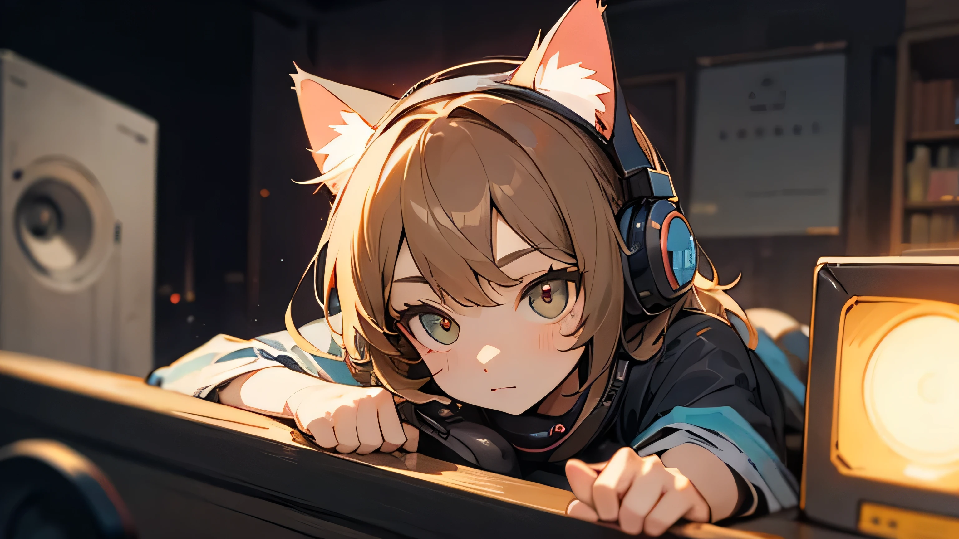 Room with speakers、Cat with headphones、Upper body close-up、night