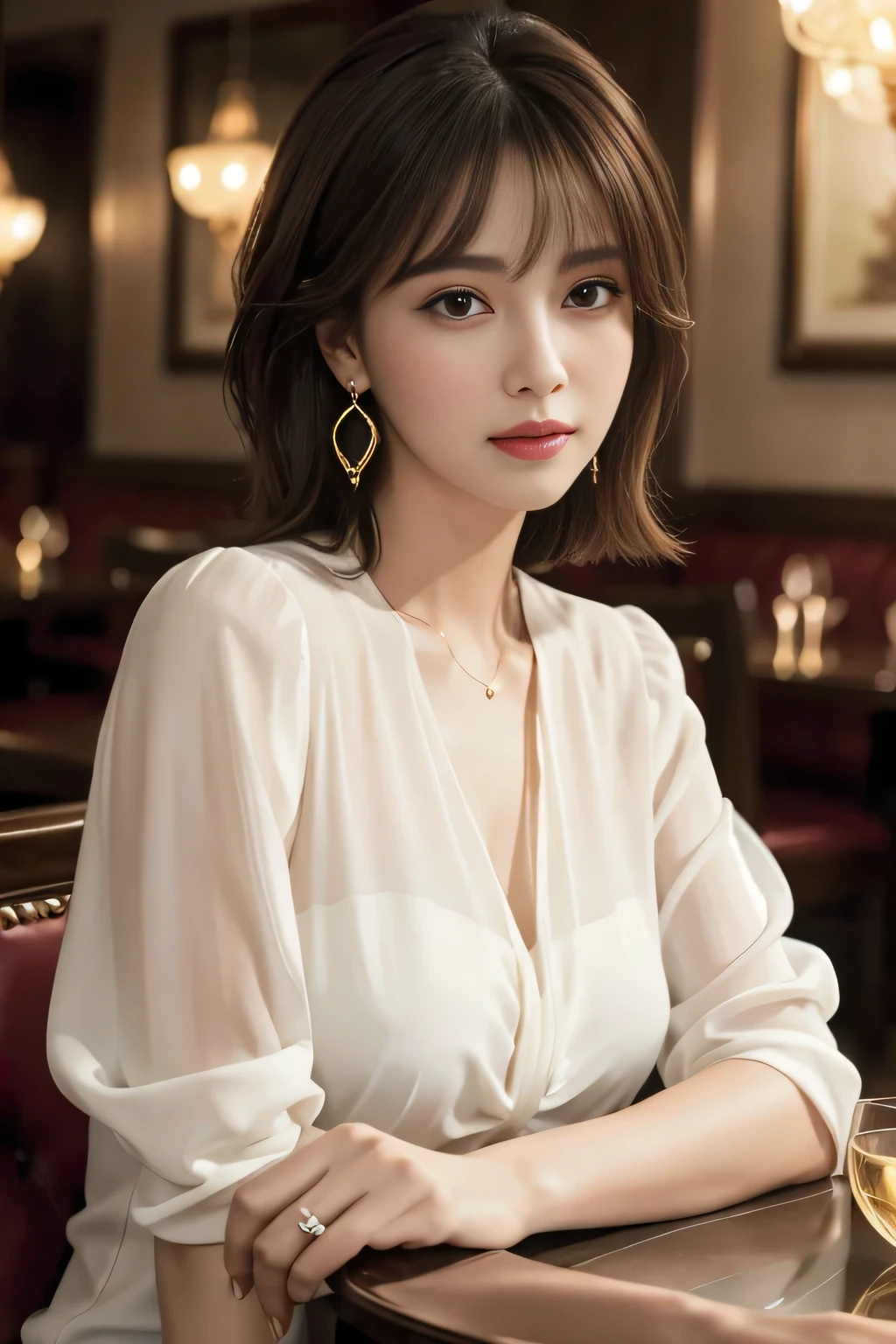 masterpiece, highest quality, Realistic, Very detailed, Finer details, High resolution, 8k wallpaper, One beautiful woman, Wear an elegant see-through blouse, In a great restaurant, At night, Light brown shaggy haircut, Perfect dynamic composition, Beautiful and beautiful eyes、Big earrings、Sitting in a chair