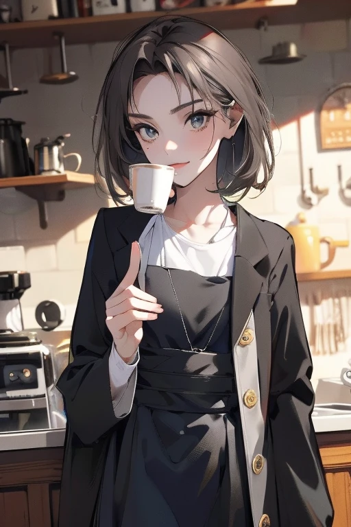 short hair,Slightly dark grey hair,Barista,Brewing drip coffee,Mode,Long sleeve,Black clothes,Simple clothes,Cool Beauty,adult,A slight smile on your lips,Small mole under left lip,Cafe,Arched thin eyebrows,1 female