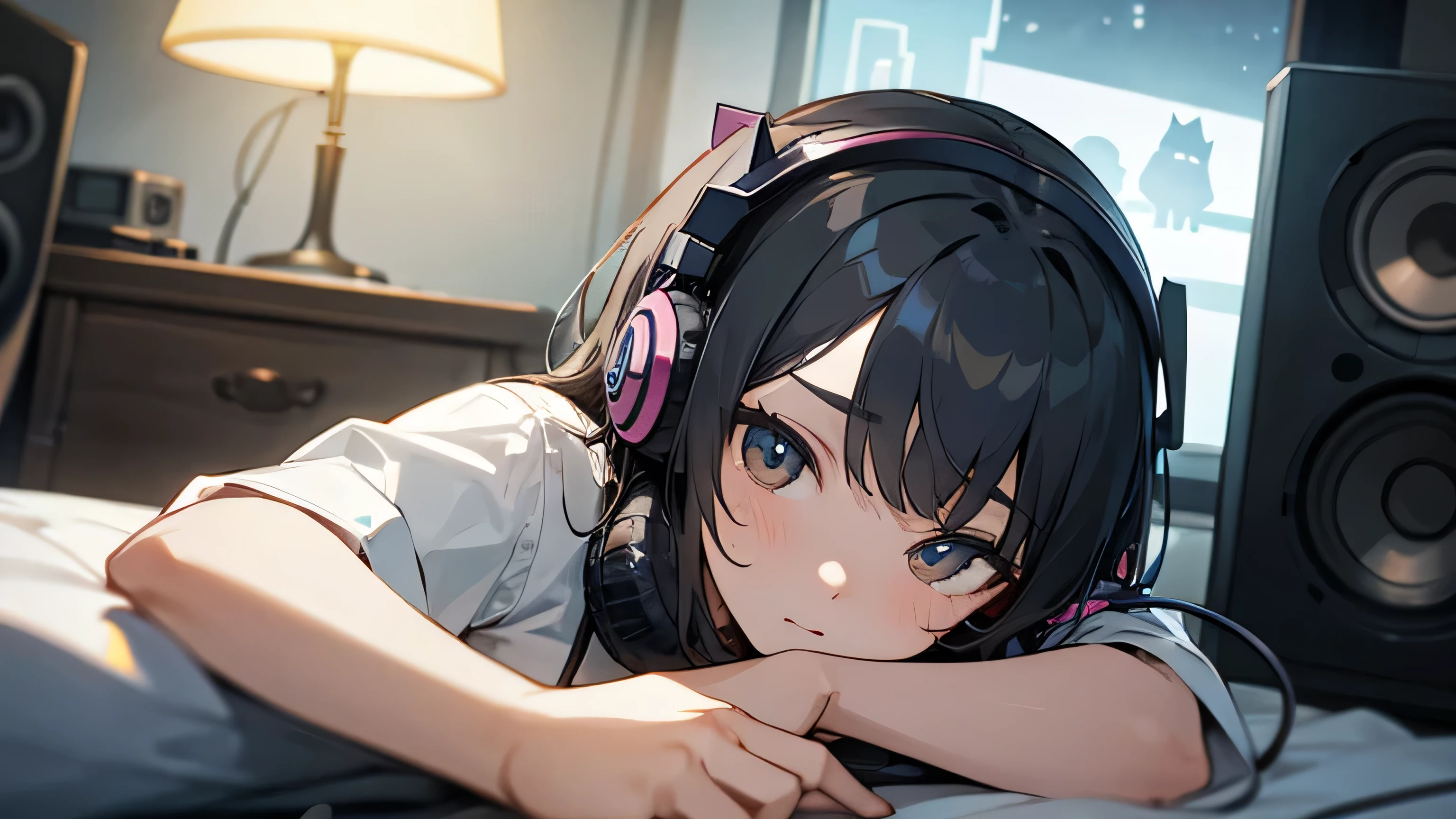 Room with speakers、Cat with headphones、Upper body close-up、night