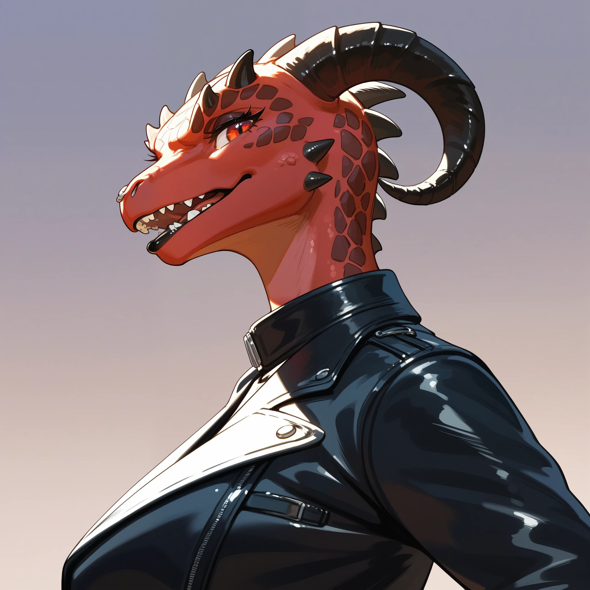 , score_9,score_8_up,score_7_up, anthro Argonian female , kemono style, Anthro reptile girl, snout, all red skin, some black scales, red eyes, black lips, black horns, black ram horns, red tail, black lips, nose piercing, wearing black leather jacket, black crop top, upper body shot, portrait, side view, looking at viewer, mouth open, pouting, furrowed eyebrows, no background