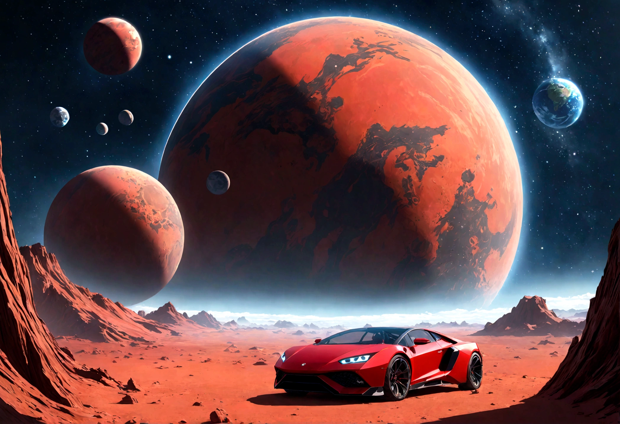 space art galaxy landscape, Costa, There is a huge red planet in the sky , Concept Art, vector, high quality, check the detail information, Unreal Engine, Octane Rendering, Ultra high quality, Ultra-high resolution, Surrealism, The Right Color, good lighting setup, 好Composition, sharp edge, Composition, Ultra-precision, Main part, Award-winning works, Definition of plants, Perfect composition, clear round planet, There is a futuristic black and red car in front of the landscape, black and red cars parked on earth,