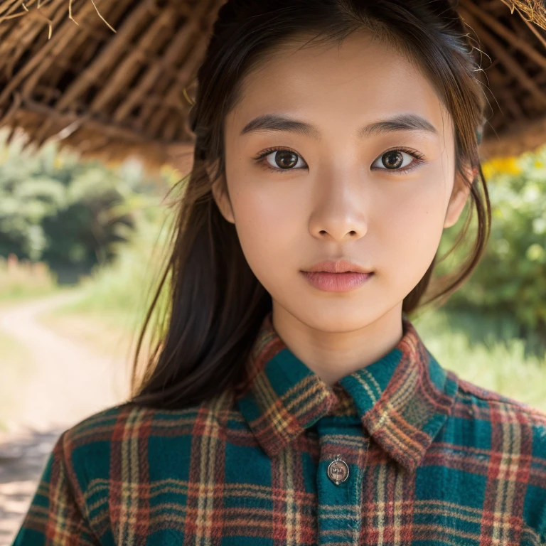Young Asian woman, 25 years old, beautiful, long hair flowing up. A clear and detailed face, 8k,Wear a red and green and blue plaid shirt., In the open countryside there is a thatched hut with red flowers. Different action poses, Take photos 16k,with a high quality Fujicamera.,45,000,000 pixels