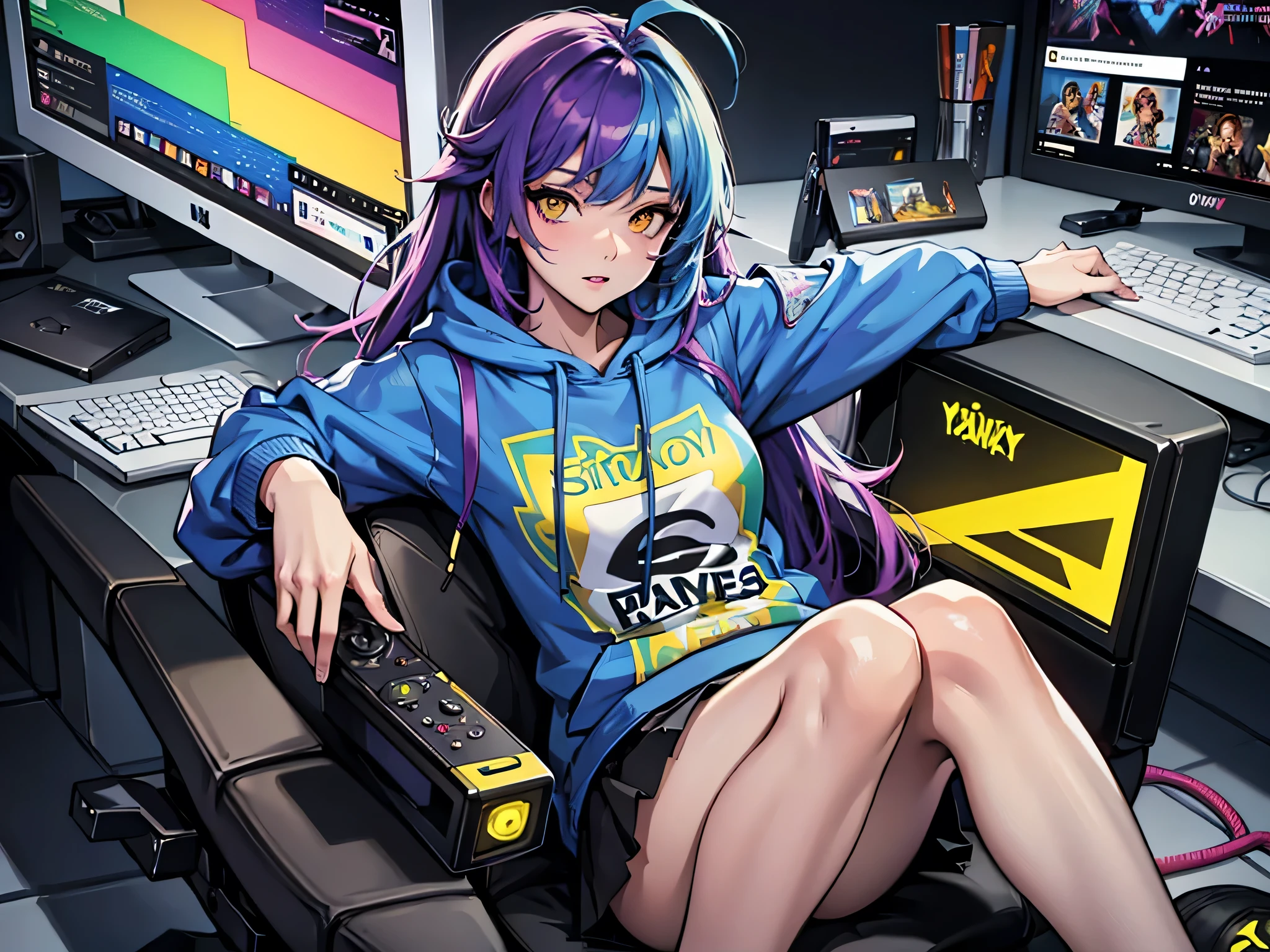 The most beautiful and sexy gamer girl, playing videogame, playing computer, rainbow colored hair, yellow eyes, wearing hoodie, graphic t-shirt, skirt and highly detailed gamer gear, highly detailed background, perfect masterpiece, high quality, high resolution