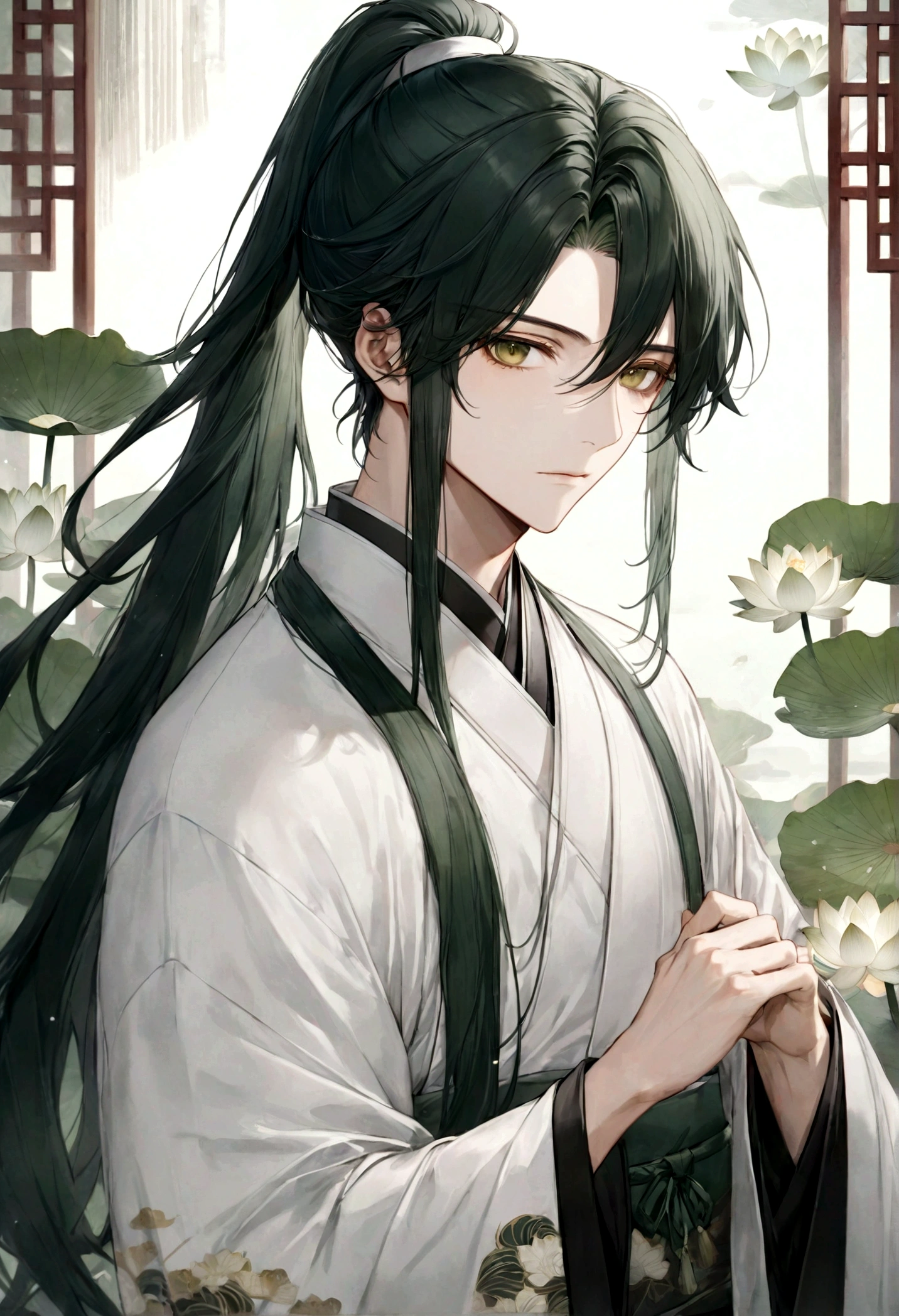((top-quality)), ((masterpiece)), ((ultra-detailliert)), (extremely delicate and beautiful), handsome man, dark green hair, long straight hair, high ponytail hairstyle, golden eyes, serene expression, wearing wuxia styled robes, sleeves are sheer and silky, white sleeves, white robes with green patterns, lotus flowers on robe, dark pants, white lotus flowers in the background