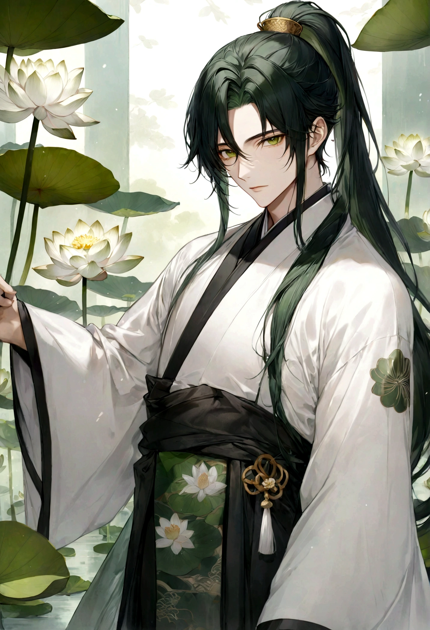 ((top-quality)), ((masterpiece)), ((ultra-detailliert)), (extremely delicate and beautiful), handsome man, dark green hair, long straight hair, high ponytail hairstyle, golden eyes, serene expression, wearing wuxia styled robes, sleeves are sheer and silky, white sleeves, white robes with green patterns, lotus flowers on robe, dark pants, white lotus flowers in the background