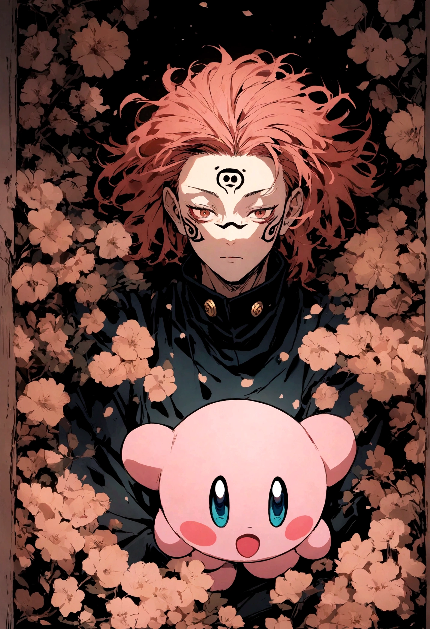 kirby with the hair and face tattoos like sukuna from jujutsu kaisen