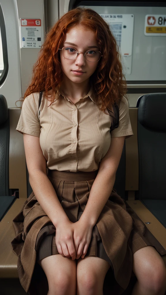 a beautiful 20 year old girl with curly red hair, fair skin, brown eyes, wearing a long skirt and shirt, sitting inside a metro train, wearing nerdy glasses, looking at the viewer, hyper detailed, cinematic lighting, 8k, photorealistic, intricate details, high quality, masterpiece