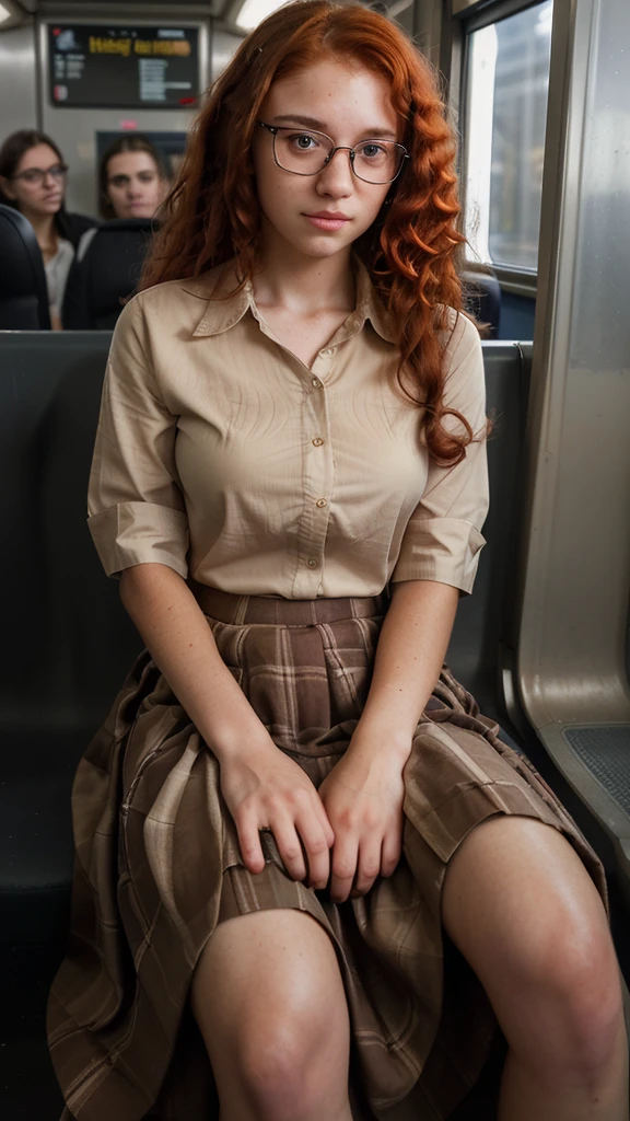 a beautiful 20 year old girl with curly red hair, fair skin, brown eyes, wearing a long skirt and shirt, sitting inside a metro train, wearing nerdy glasses, looking at the viewer, hyper detailed, cinematic lighting, 8k, photorealistic, intricate details, high quality, masterpiece