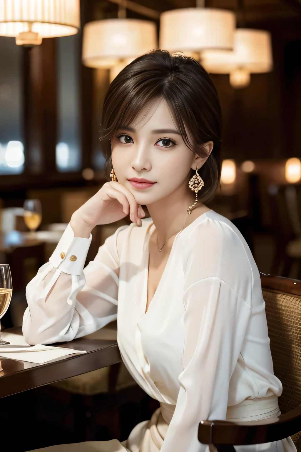 masterpiece, highest quality, Realistic, Very detailed, Finer details, High resolution, 8k wallpaper, One beautiful woman, Wear an elegant see-through blouse, In a great restaurant, At night, Light brown unkempt layered haircut, Perfect dynamic composition, Beautiful and beautiful eyes、Big earrings、Sitting in a chair