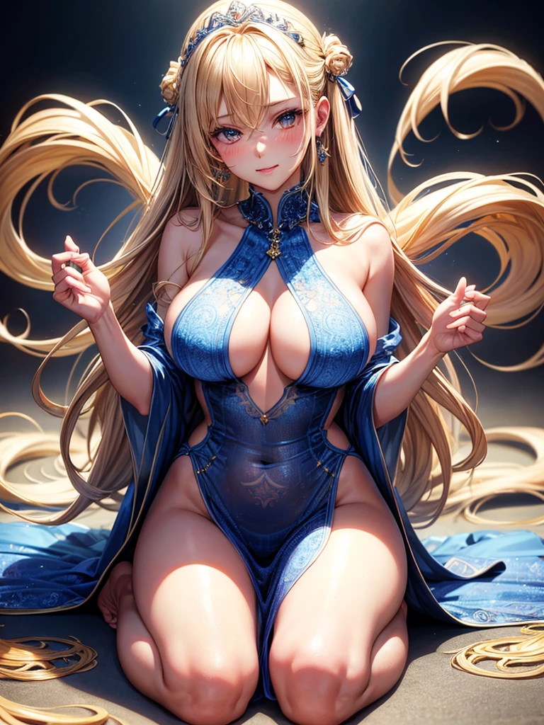 (Enrich the picture,Masterpiece level quality)Beautiful 8K CG artwork,Goddess-like posture,Kneeling exercise,Slim and soft,Translucent skin,coiffed blonde hair、The aesthetic look of extra-long and messy hair,The skin is fair and juicy,Big JK Uniform,Perspective Part 1.2x enhanced silhouette effect,Exquisite transparent blues pattern in pajamas,The details are intricate and exquisite,The background is slightly blurred,Charming and lustful leg seduction,Drool,Extra-large big breasts,Blush,