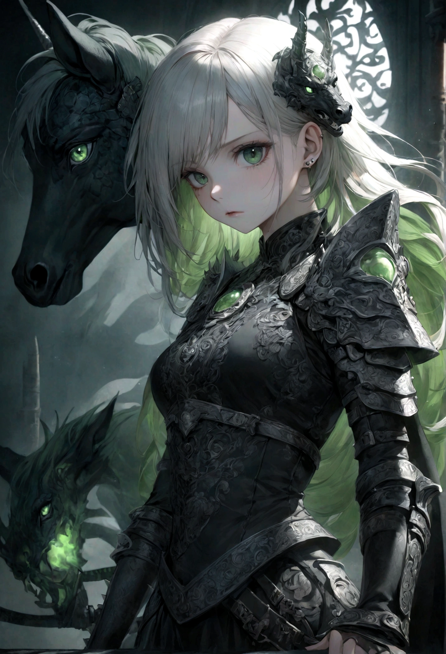 an eastern female draconic warrior, beautiful detailed face, long platinum hair, piercing green eyes, pale skin, emphasis the simbiotic jade horse-slaying sword, simbiotic haramaki armor, spiked pauldrons, intricate patterns, dark fantasy, dark colors, dramatic lighting, cinematic composition, hyper detailed, dark fantasy, moody atmosphere, striking colors, gothic aesthetic, masterpiece, 8k