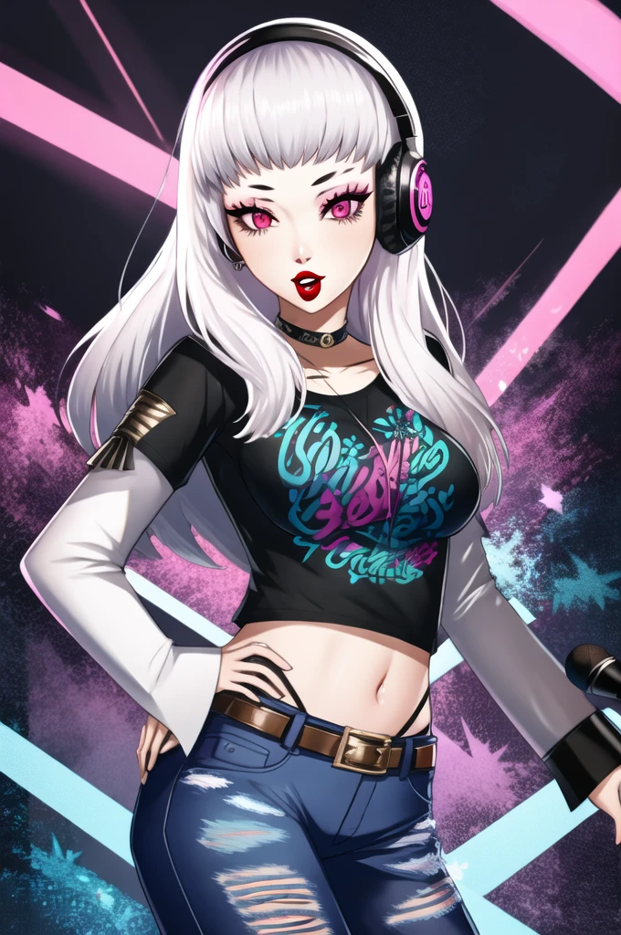 (masterpiece:1.2), best quality, high resolution, 1girl, solo, lysithea, white hair, pink eyes,earrings ,lipstick, eye shadow, makeup, 1girl, solo, black t-shirt, white shirt, blue jeans, belt, lipstick, large breasts, layered sleeves, sexy pose, holding a microphone, singing, stage background, headphones