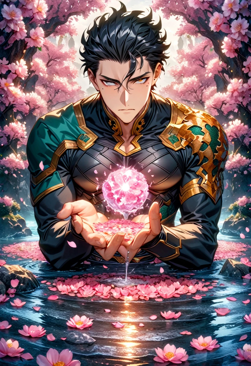 Ultra detailed, Highres, absurdres, HDR, master piece, Diarmuid Ua Duibhne, black hair, expressive golden eyes, mole under his eye, Fate Grand Order, handsome, sexy man, solo, extremely detailed eyes and face, water, pink flowers, blossoms, petals, fantasy, black clothes, magic, best quality, 