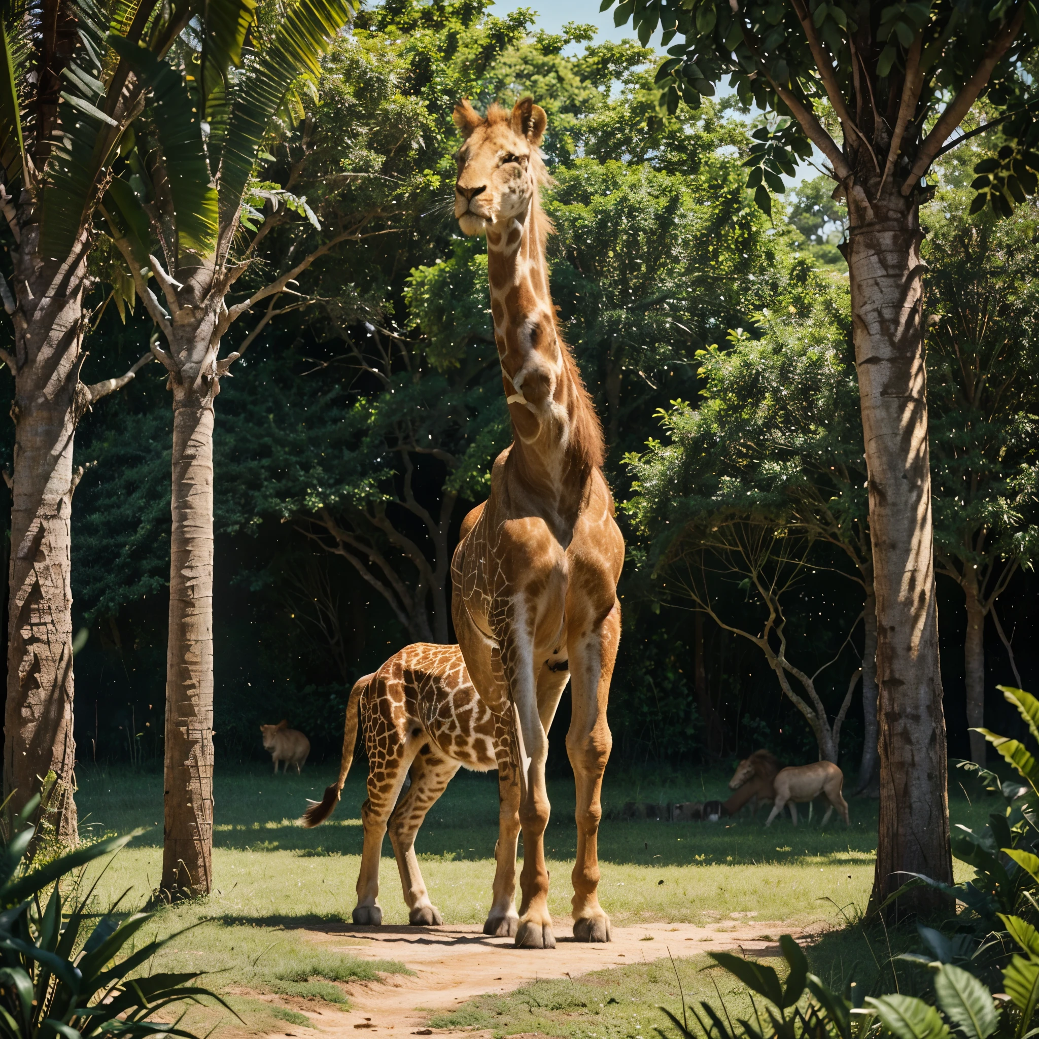 A majestic lion standing tall in a lush, verdant landscape, surrounded by a diverse array of animals including a graceful horse, vibrant birds, a curious rabbit, and a towering giraffe, all captured in a breathtaking, ultra-detailed photorealistic painting with vivid colors and exquisite lighting, masterfully rendered.