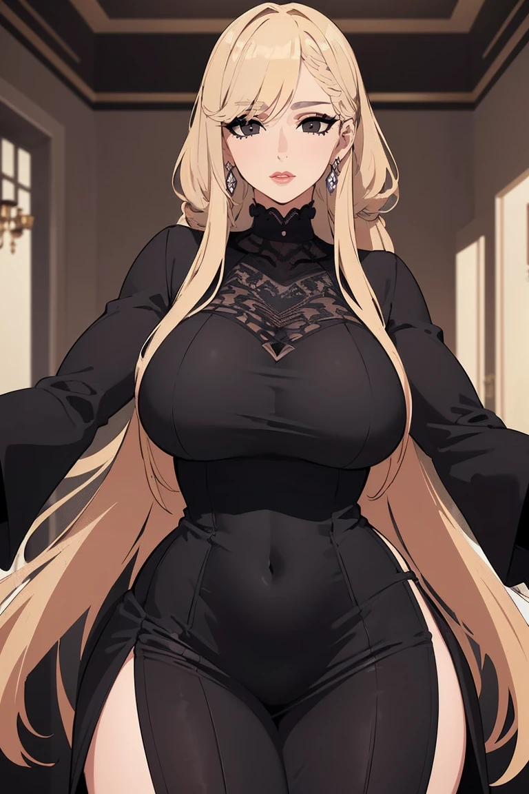 (Uhd, Masterpiece, Textured Skin, Super Detail, High Details, High Quality, Best Quality), Detailed Face, 1woman, mature pretty woman:1.5, ((Wide hips, thick thighs)), Blonde hair tied up, (Black fabulous dress), (Huge Body), (mansion)