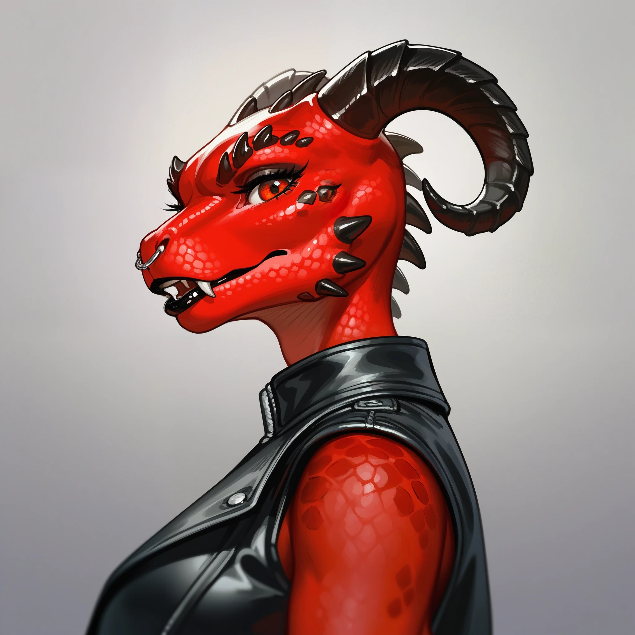 , score_9,score_8_up,score_7_up, anthro Argonian female from skyrim, Anthro reptile girl, snout, all red skin, some black scales, red eyes, black lips, black horns, black ram horns, red tail, black lips, nose piercing, wearing black leather jacket, black crop top, upper body shot, portrait, side view, looking at viewer, mouth open, pouting, furrowed eyebrows, no background